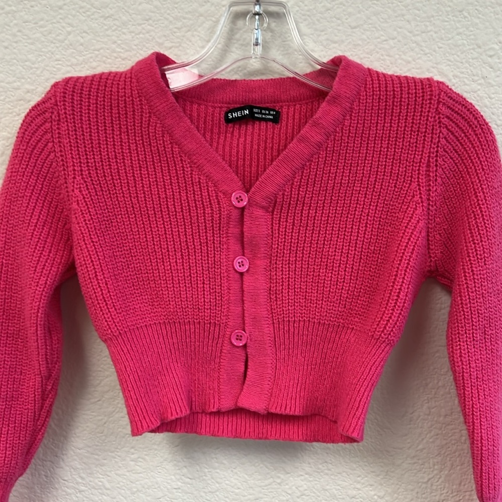 SHEIN Fitted Cropped Cardigan Hot Pink Long Sleeve Sweater Size S 🎉